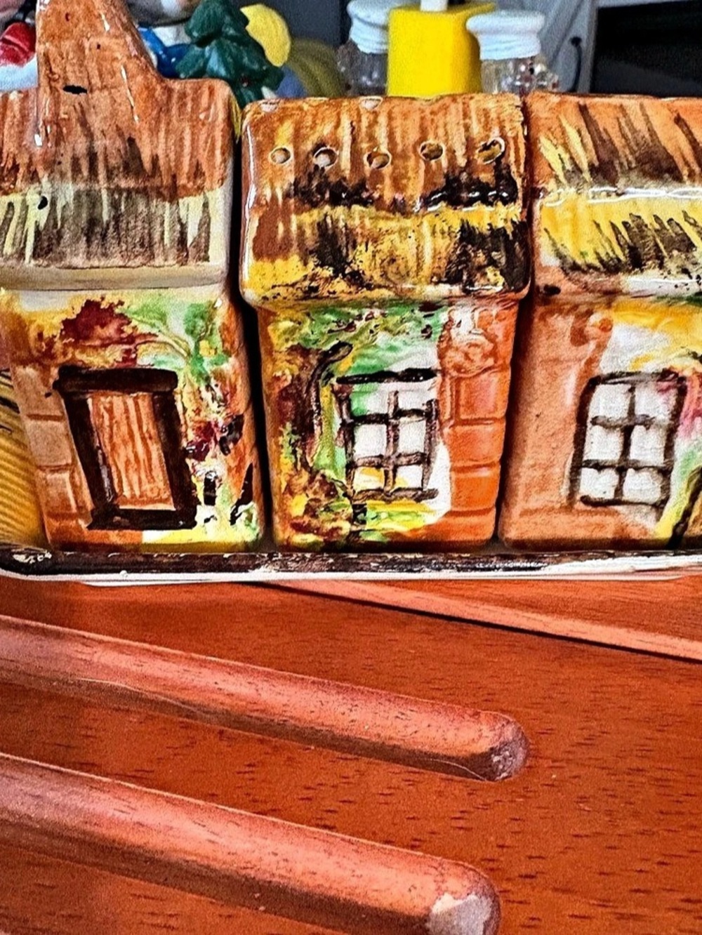 Vintage Cottage House Salt & Pepper Shaker Set with Tray
